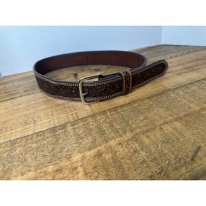 Mens size 28 Brown Genuine Leather Western Cross‎ Embossed Belt Silver Buckle